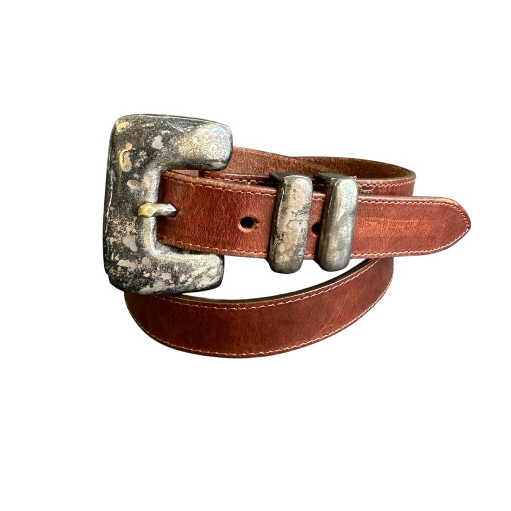 Y2K Brown Leather Belt‎ Eddie Bauer Tarnished Silver Tone Buckle Womens Medium